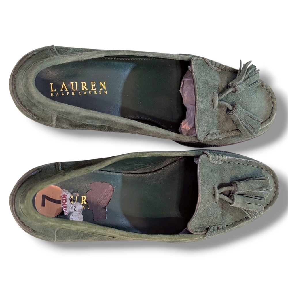 Lauren Ralph Lauren Women's Vintage Green Suede Tassel Loafers, Size 7 - Picture 3 of 10